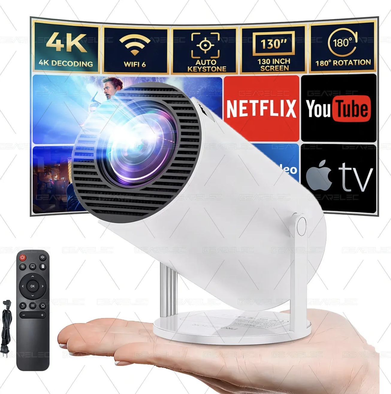 Mini Proyector Hy300 Pro Gearelec Profesional 1080P 4k Wifi 12000LM Color Blanco Portátil Smart Tv