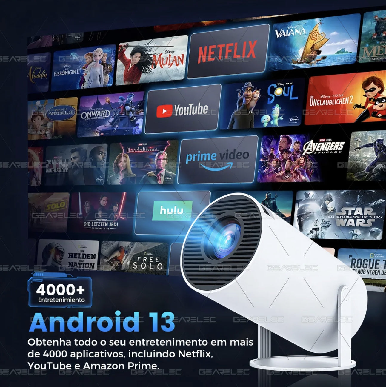 Mini Proyector Hy300 Pro Gearelec Profesional 1080P 4k Wifi 12000LM Color Blanco Portátil Smart Tv